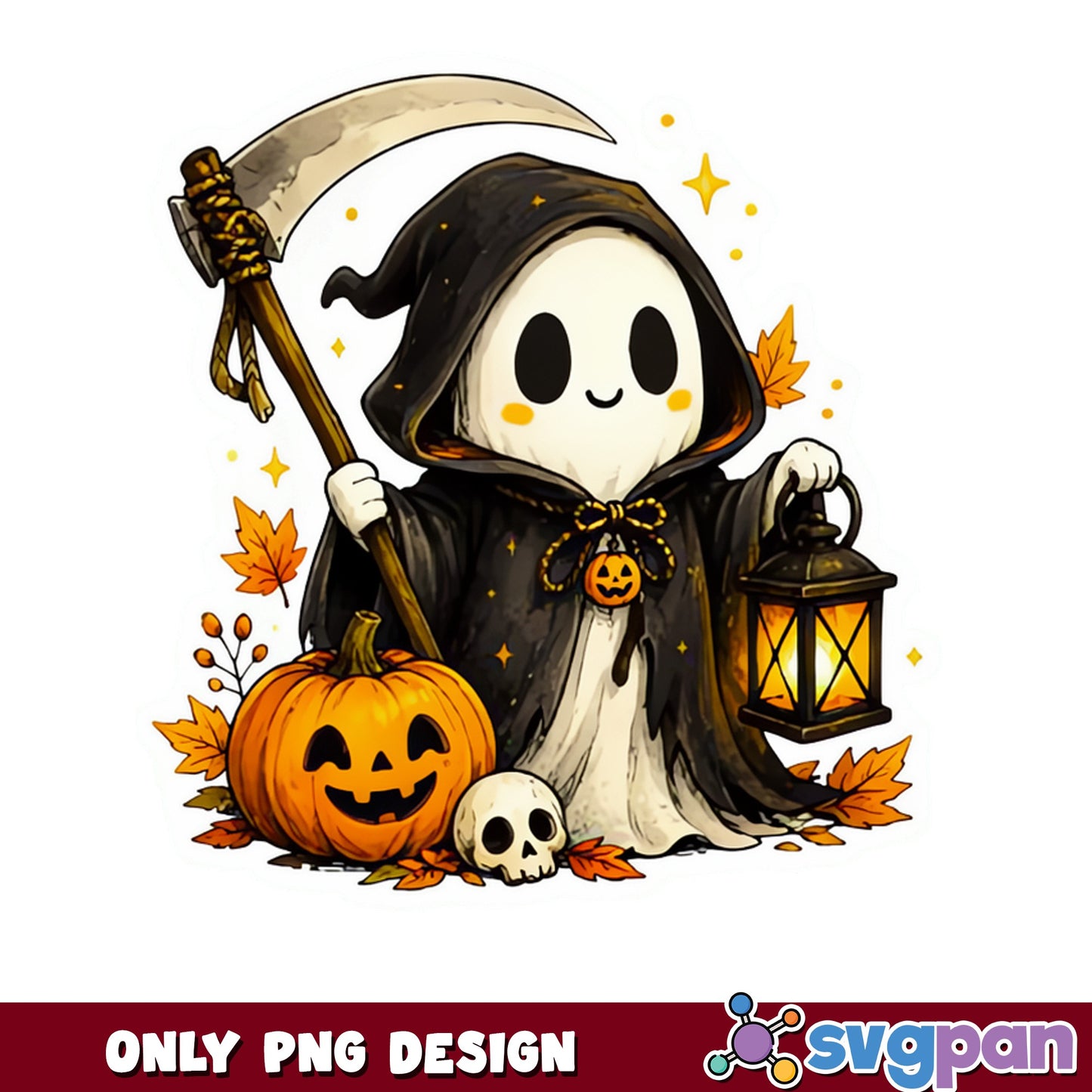 Cute Grim Reaper Halloween PNG, Ghost With Scythe PNG, Spooky PNG