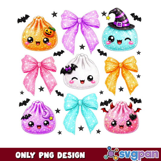 Cute Halloween Dumpling PNG Bundle, Kawaii Bow PNG, Spooky PNG