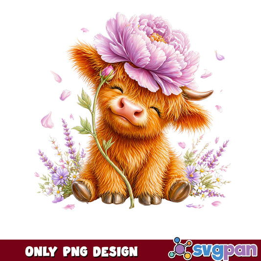 Cute Highland Cow Floral PNG, Baby Cow PNG, Flower Cow PNG