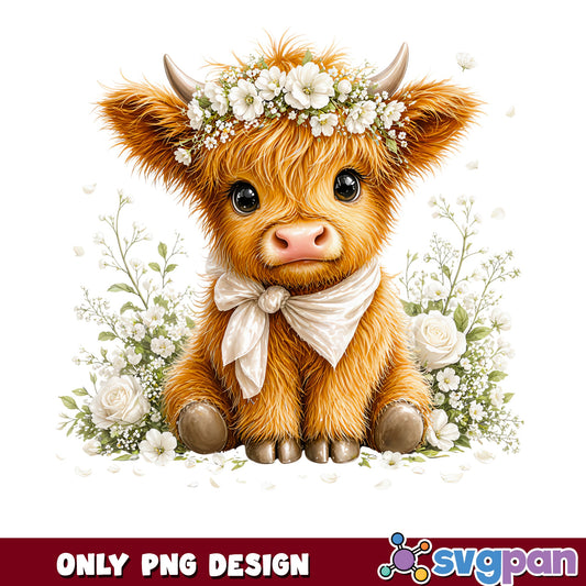 Cute Highland Cow Floral PNG, Baby Cow With Flowers PNG, Boho PNG