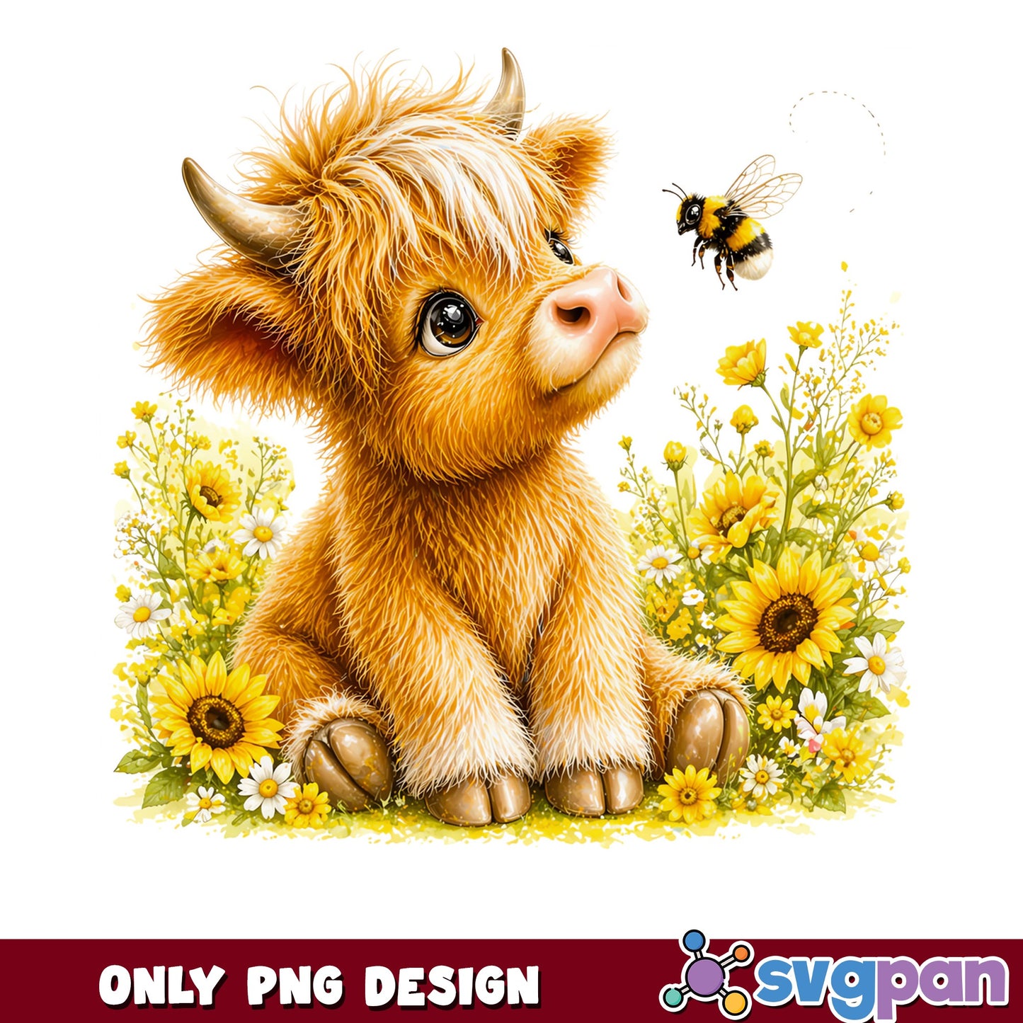 Cute Highland Cow Sunflower PNG, Baby Cow Bee PNG, Farm PNG