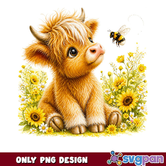 Cute Highland Cow Sunflower PNG, Baby Cow Bee PNG, Farm PNG