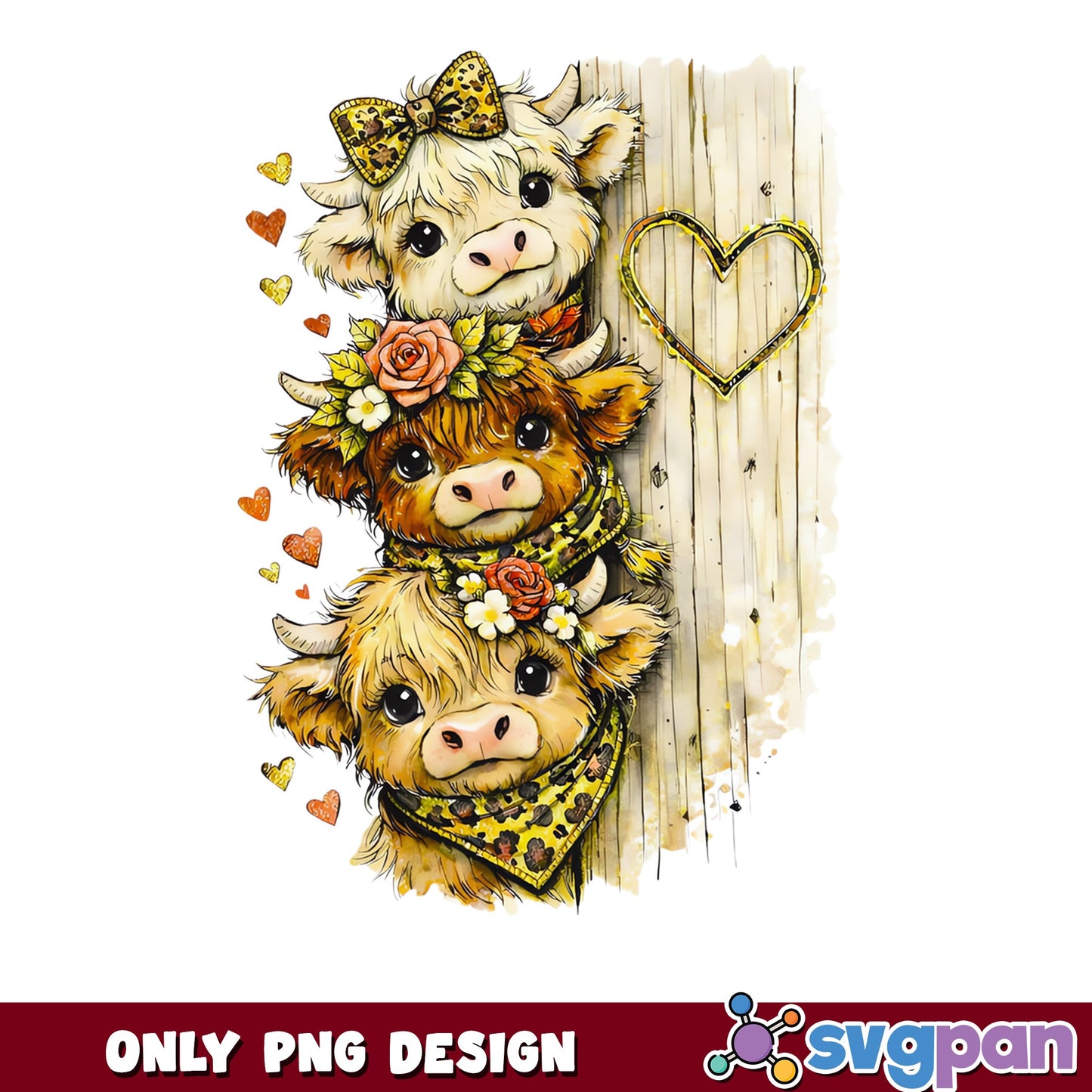 Cute Highland Cow Trio Leopard PNG, Floral Baby Cow PNG, Highland Cow PNG