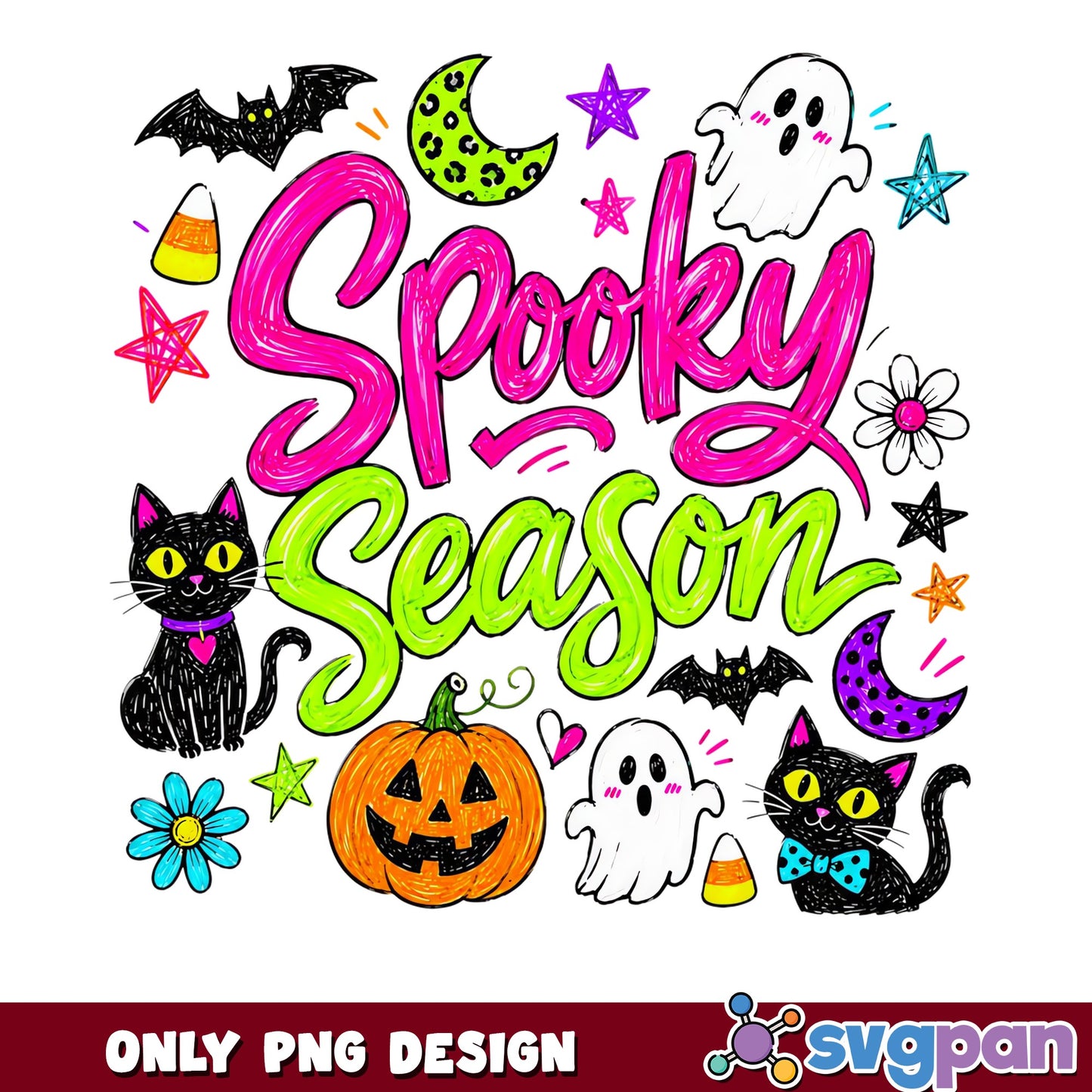 Cute Spooky Season PNG Design, Halloween Black Cat Ghost, Pumpkin PNG