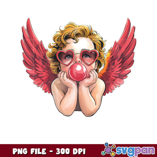 Cute angel kid with bubble gum, vibrant red wings PNG file