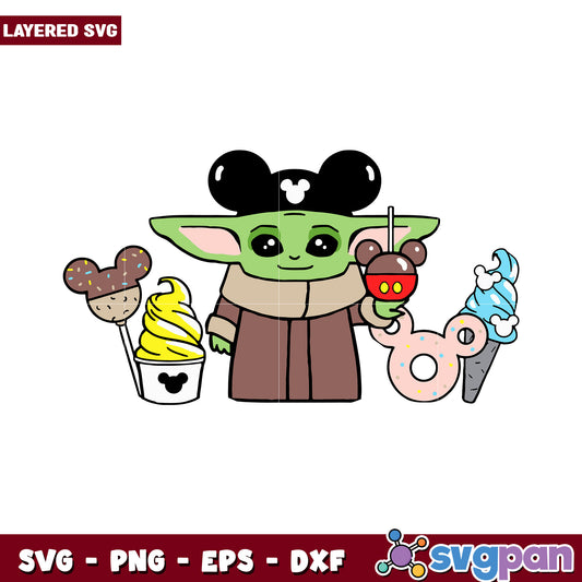 Cute baby Yoda character holding treats, layered SVG for crafting