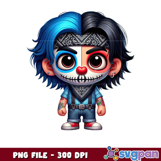 Cute cartoon character with blue and black hair, vibrant design