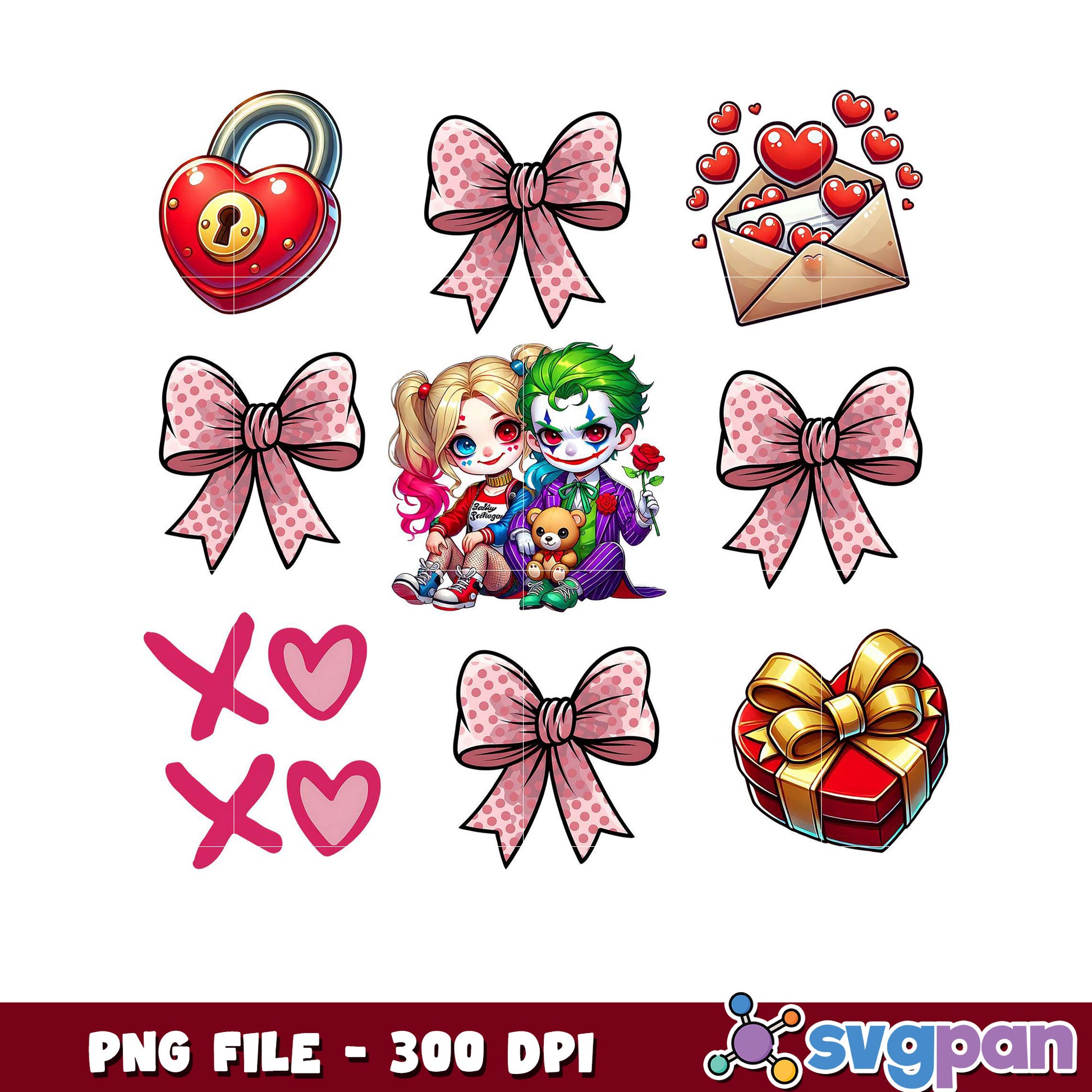 Cute cartoon love PNG file for printing, includes hearts and bows
