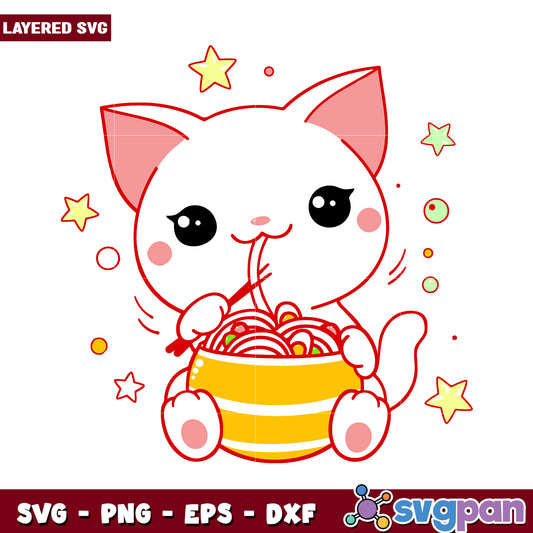 Cute cat enjoying noodles, perfect for fun design projects