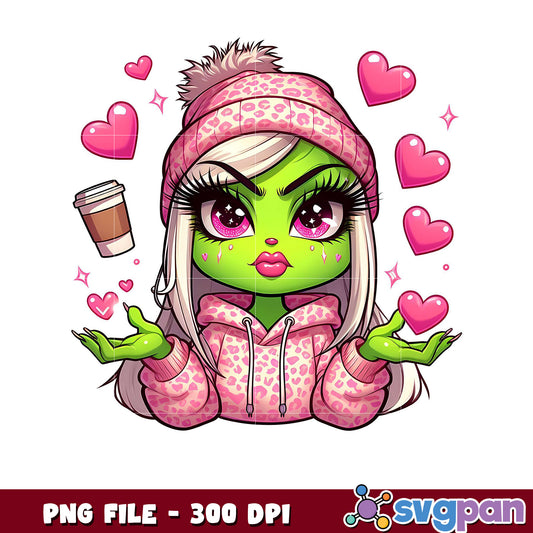 Cute green character with hearts, perfect PNG for crafts