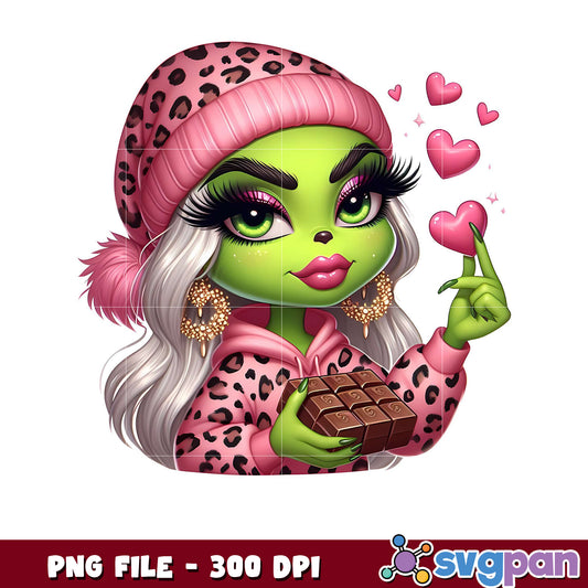 Cute green character with hearts and chocolate, PNG file 300 DPI