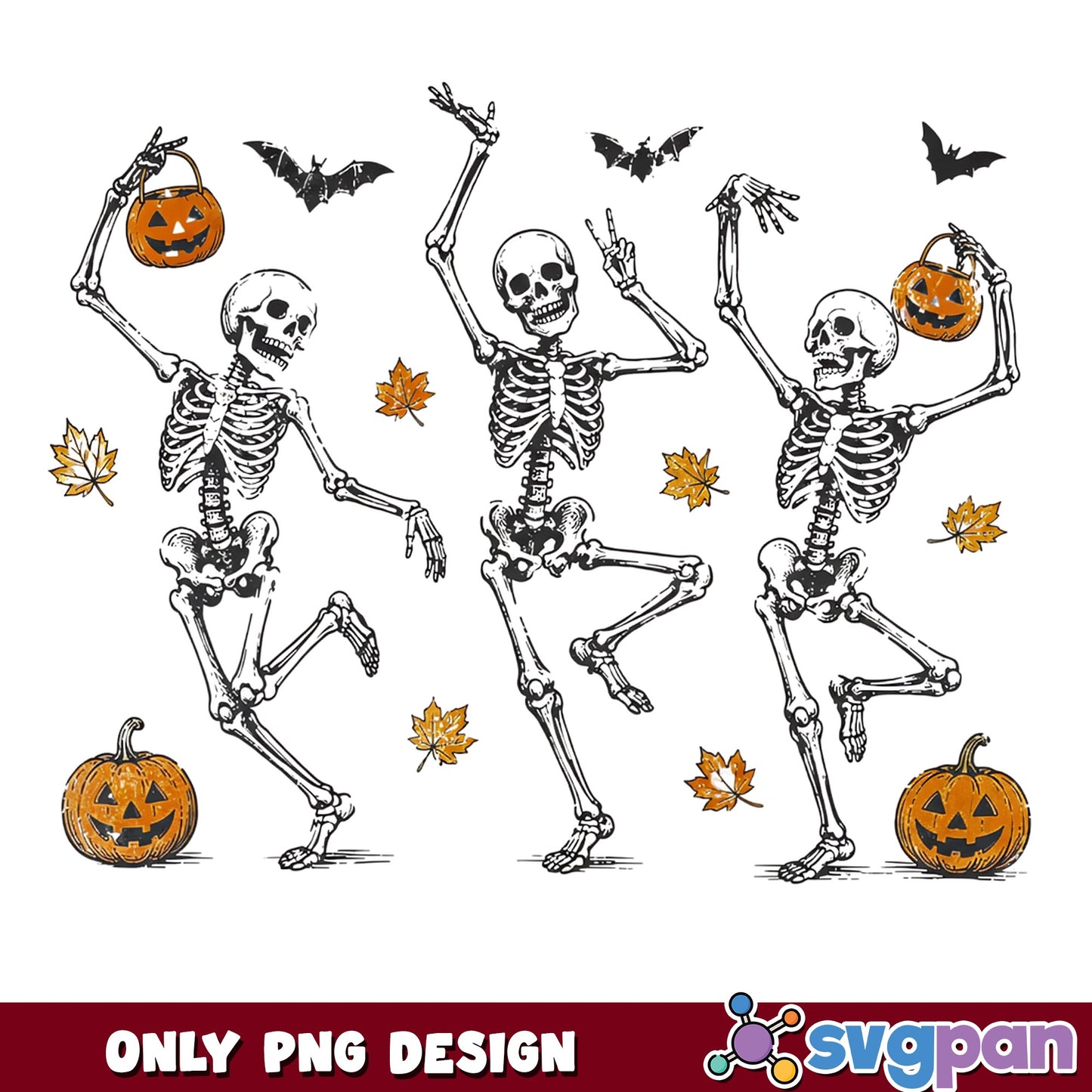 Dancing Skeletons Halloween PNG, Pumpkin Bat Fall PNG, Spooky PNG