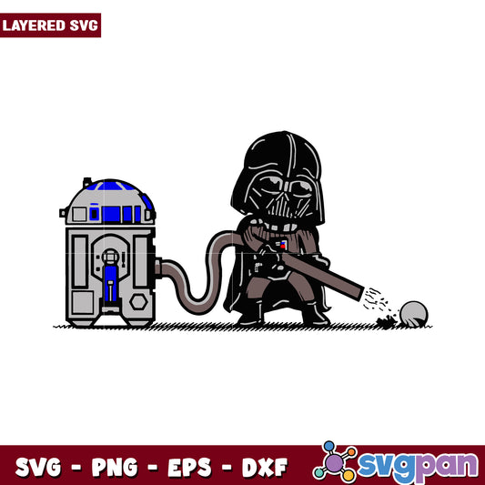 Darth Vader cleaning with R2D2, fun layered SVG design for crafts