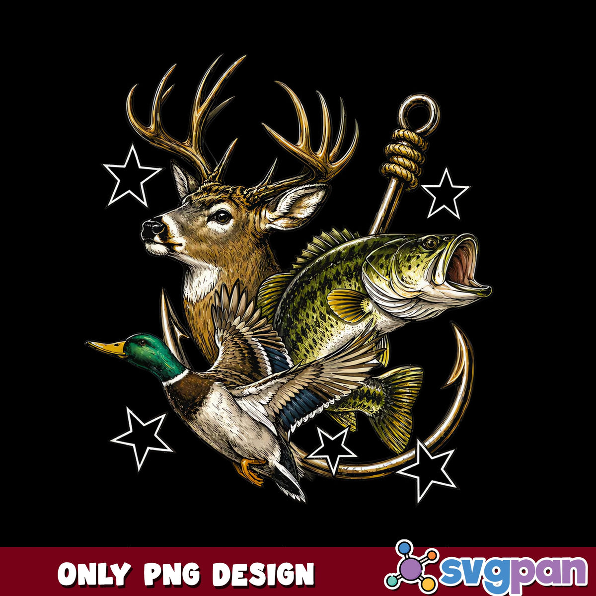 Deer Duck Bass Fishing Hunting Anchor PNG, Outdoors PNG, Hunter PNG
