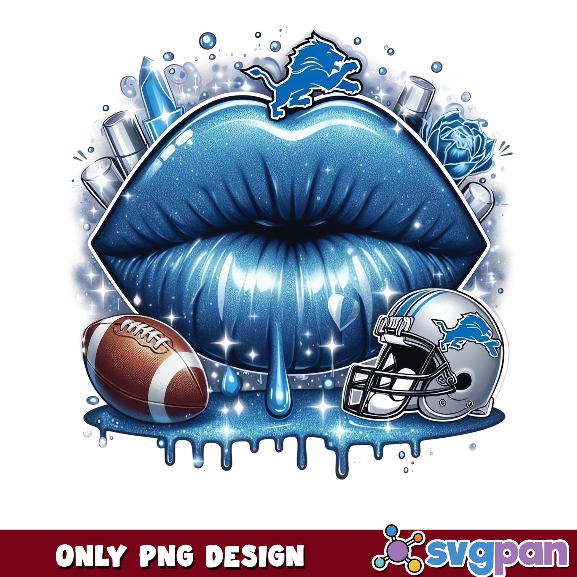 Detroit Lions Lips Drip PNG, Football Team Glitter PNG, NFL Lions Fan PNG