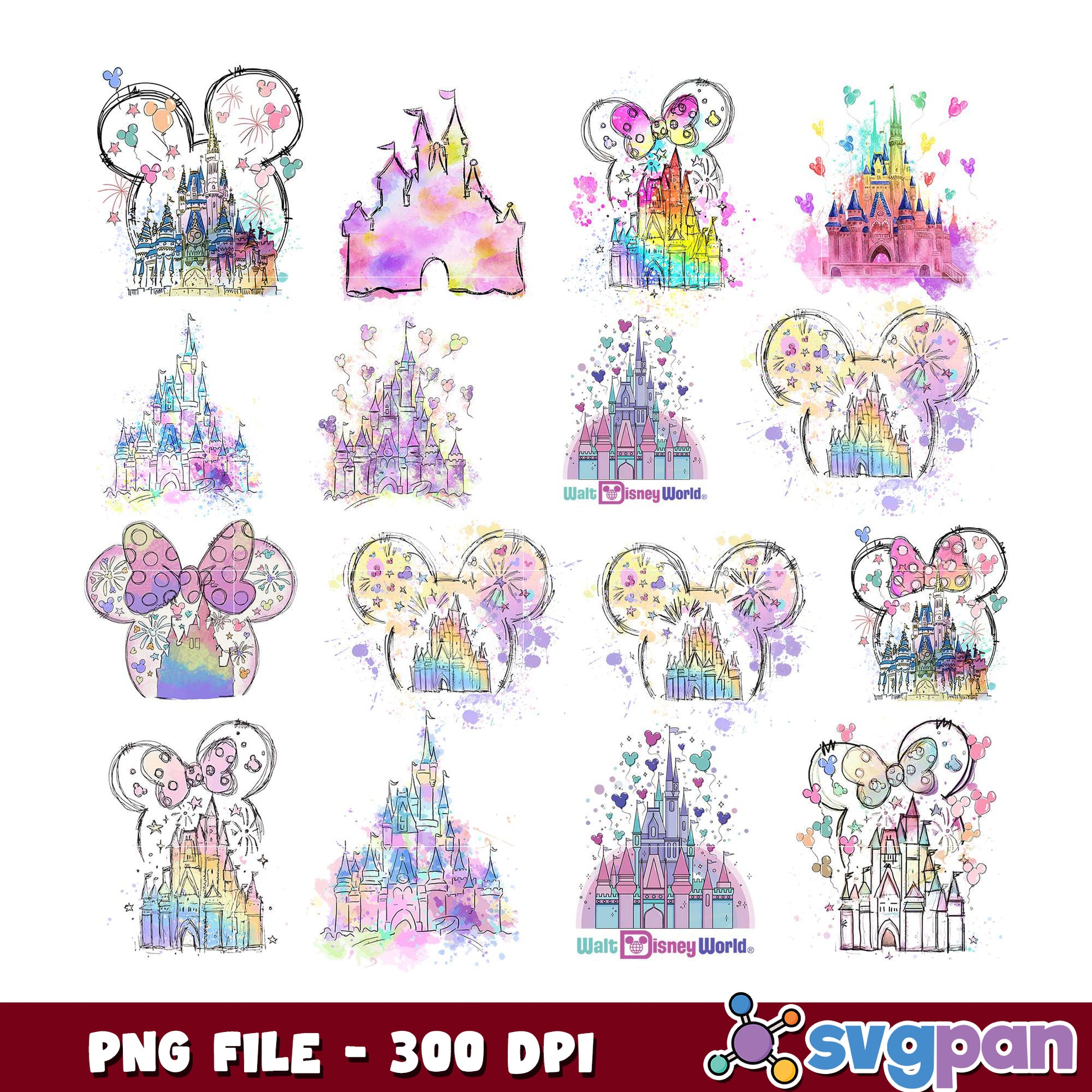Disney Castle Watercolor PNG Bundle