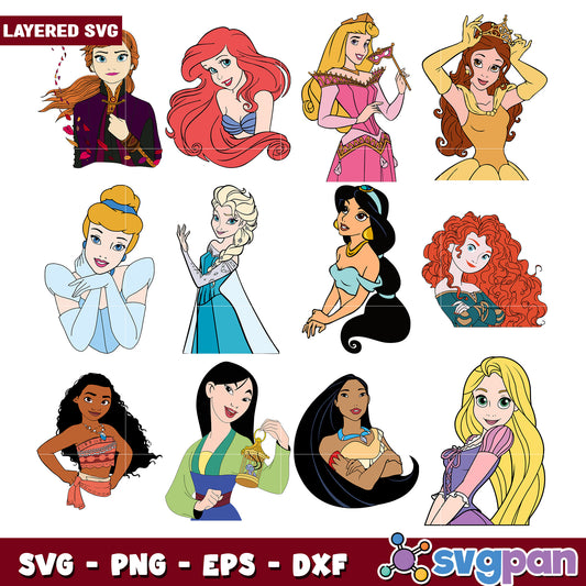 Disney Princess Bundle SVG PNG EPS DXF Files Pack