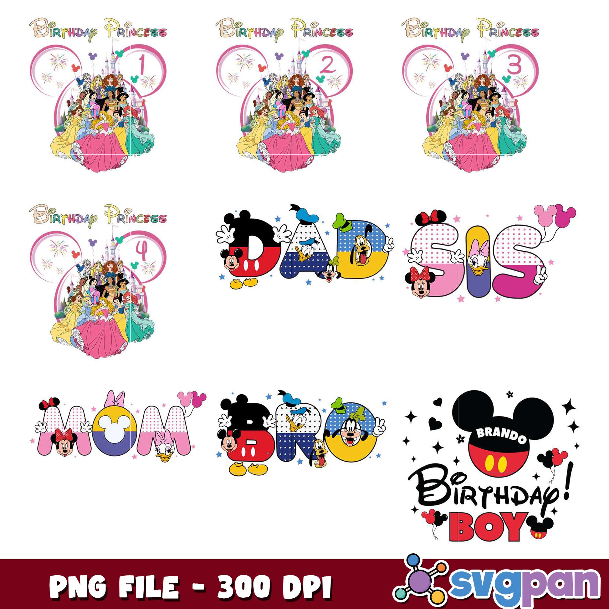 Disney Princess & Mickey Mouse Birthday PNG Bundle