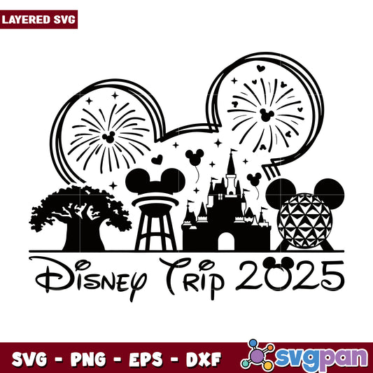 Disney Trip 2025 SVG Design with Iconic Landmarks and Fireworks