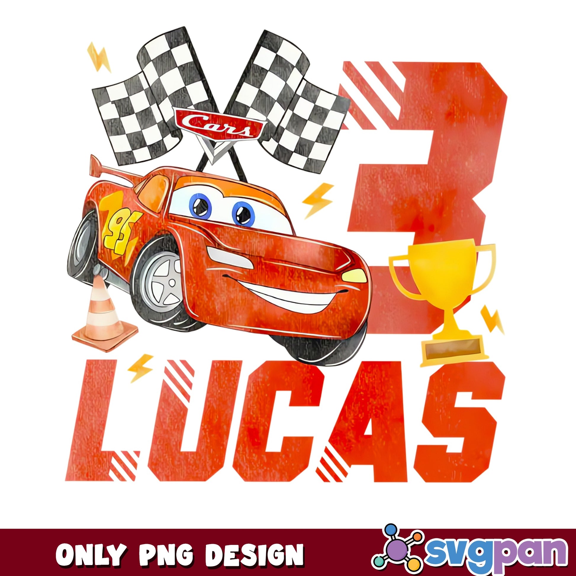 Disney Cars Lightning McQueen PNG, Racing Birthday Boy PNG, 3rd Birthday PNG