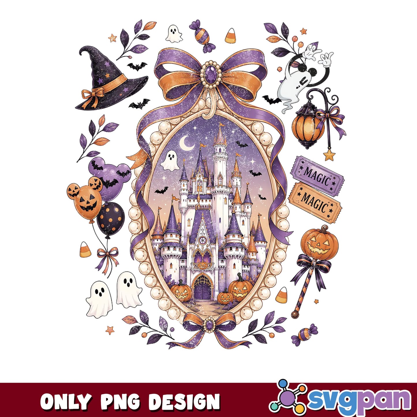 Disney Castle Halloween Coquette Bow Clipart PNG, Magic Ticket, PNG