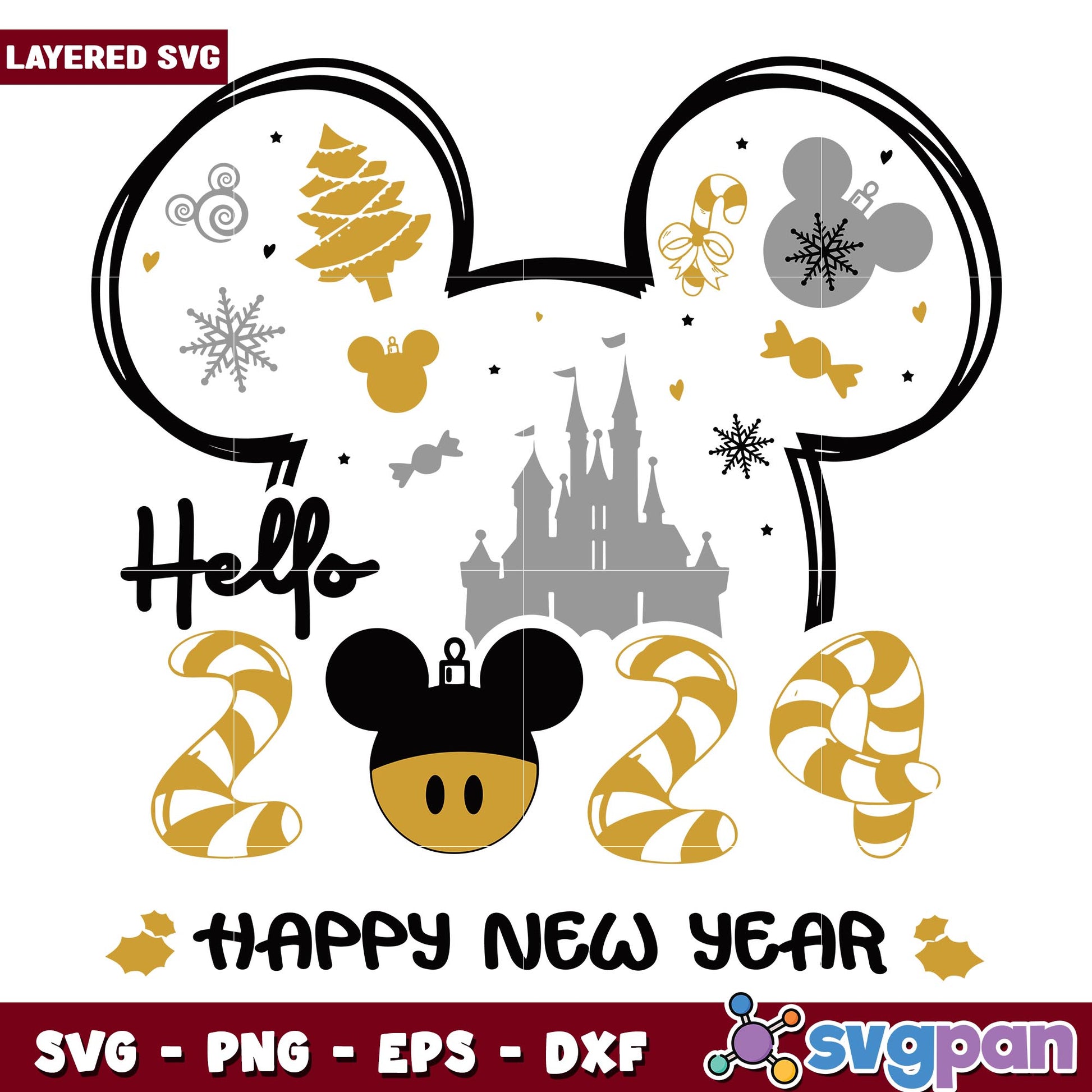 Disney Mickey Hello 2024 Happy New Year svg, Disney characters svg, digital download 