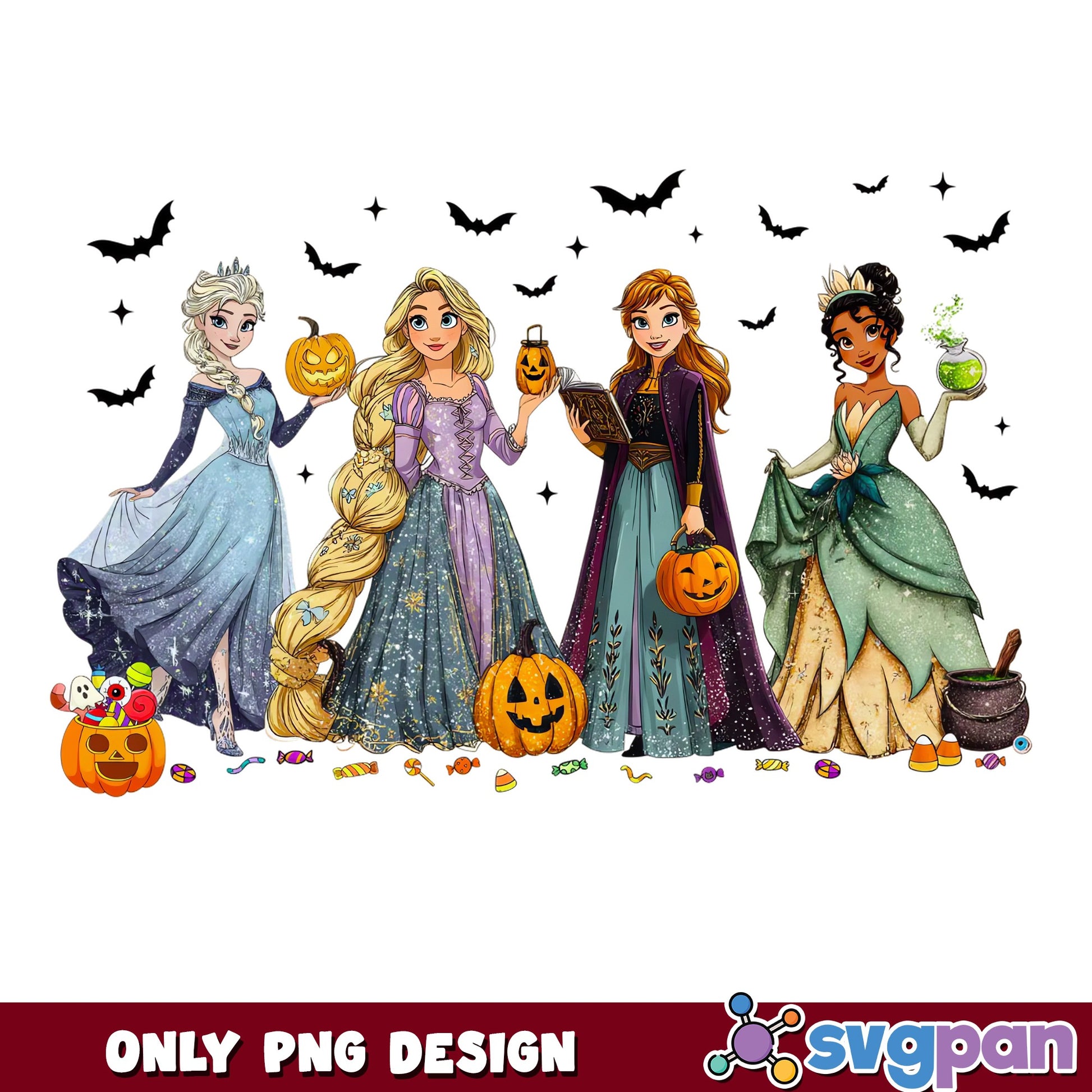 Disney Princess Halloween Pumpkin PNG, Elsa Rapunzel Anna Tiana Bats