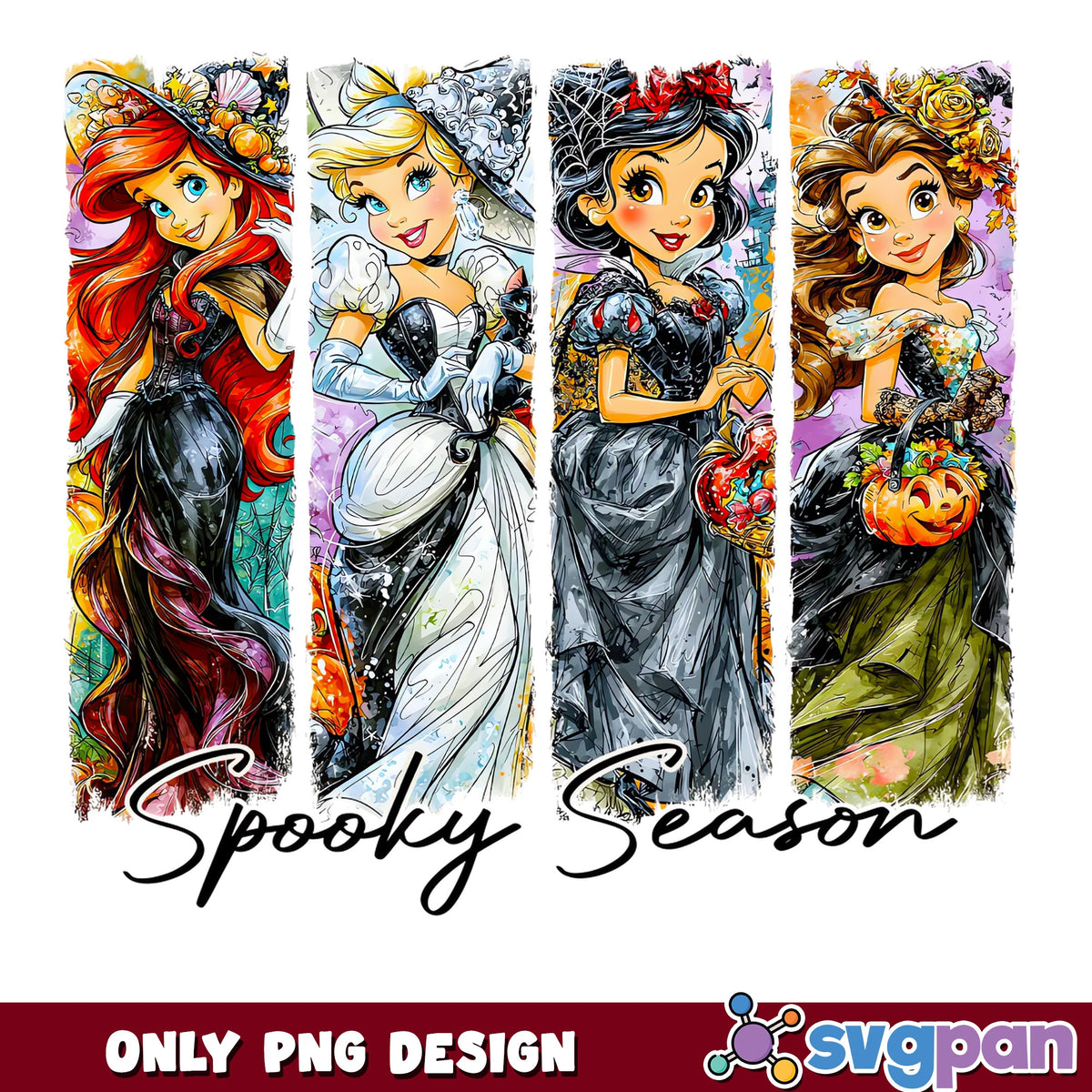 Disney Princess Halloween Spooky Season PNG, Ariel Cinderella Belle