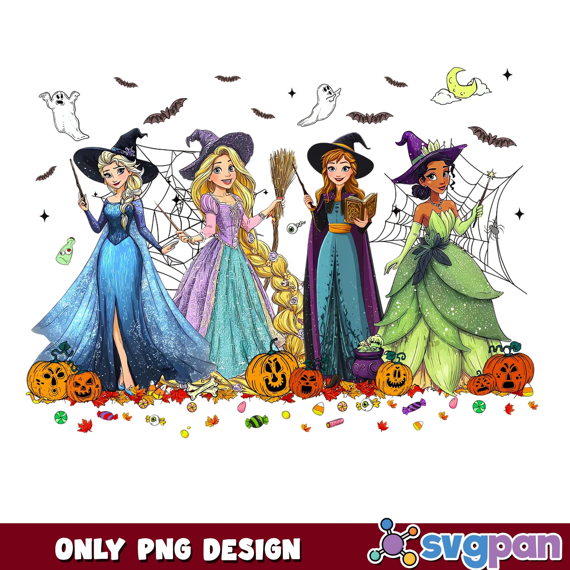 Disney Princess Halloween Witch PNG, Elsa Rapunzel Anna Tiana, Spooky