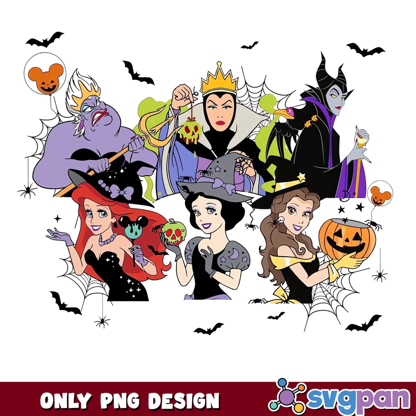 Disney Princess Villains Halloween Witch Bundle PNG, Ariel Belle, PNG