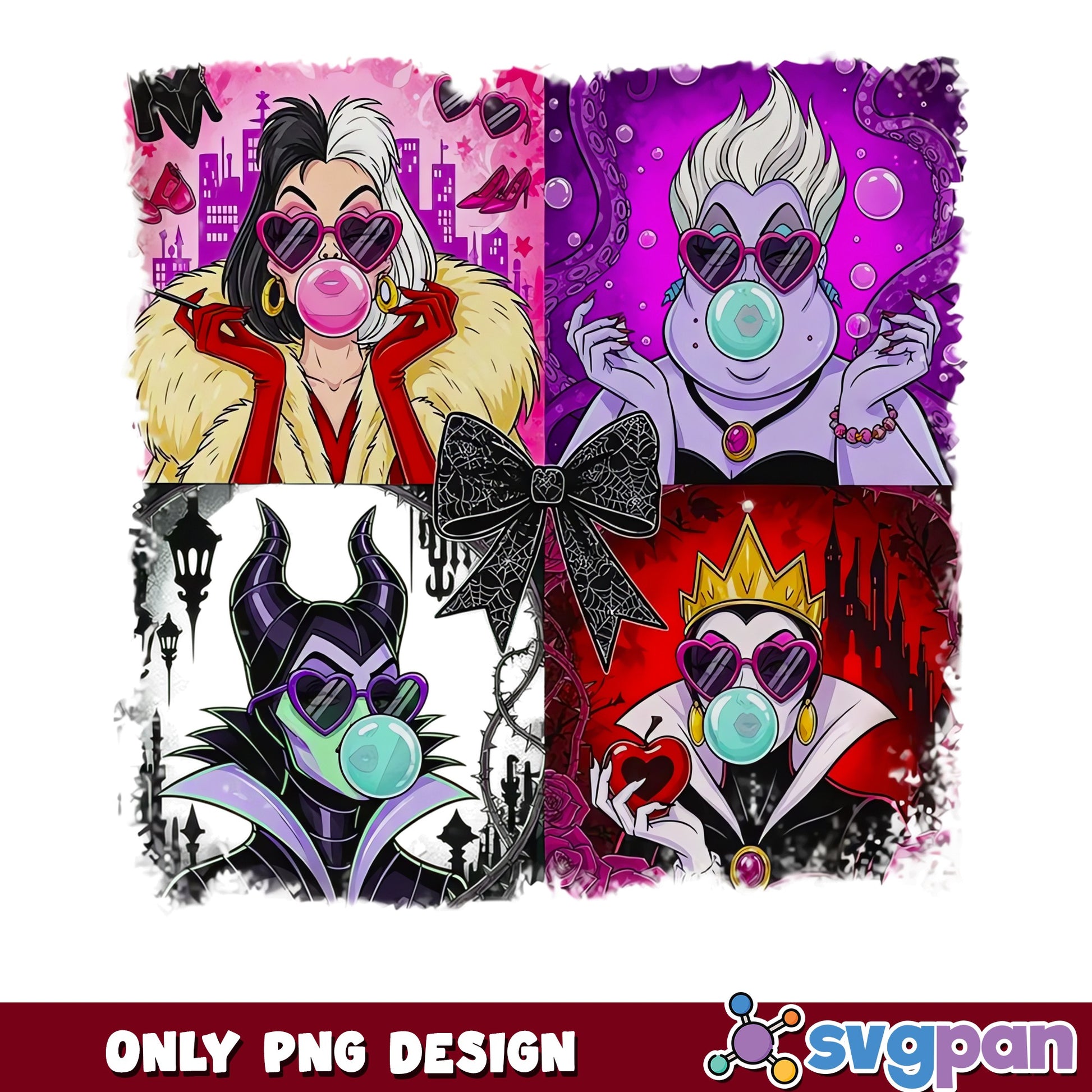 Disney Villains Bubble Gum Sunglasses Coquette Bow PNG, Cruella, PNG
