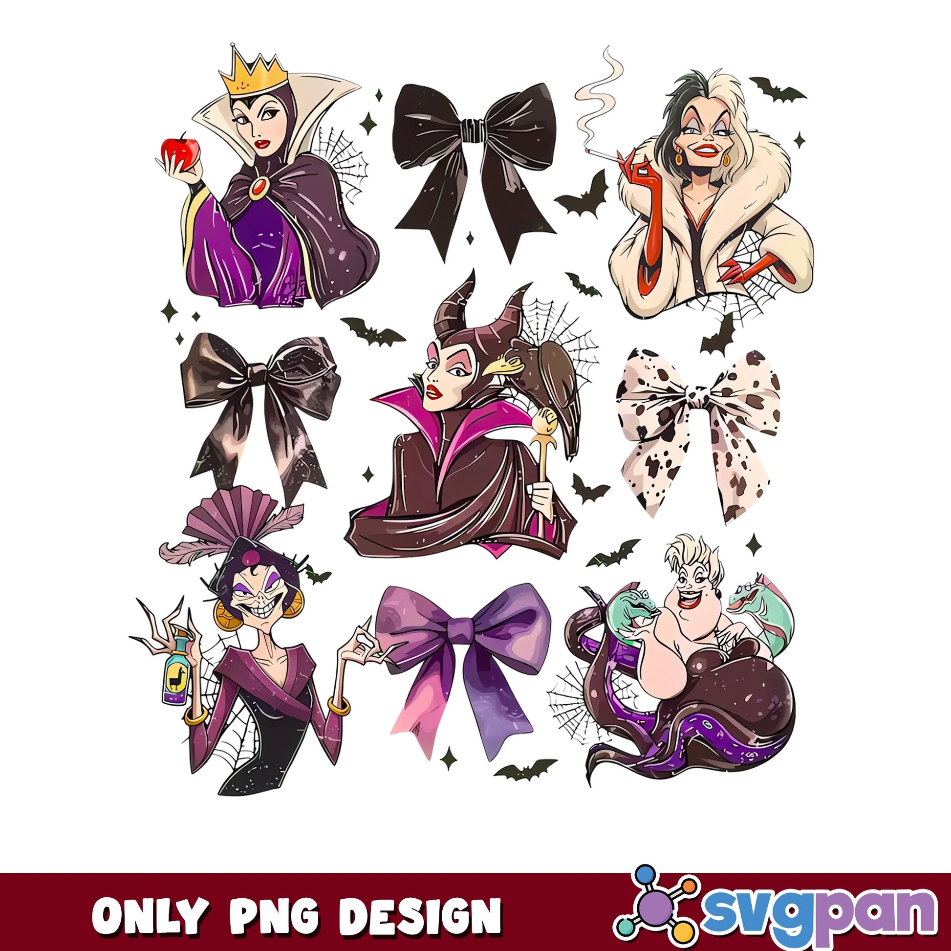 Disney Villains Coquette Bow Bundle PNG, Maleficent Ursula Cruella