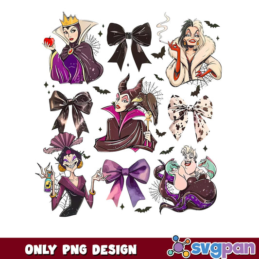 Disney Villains Coquette Bow Bundle PNG, Maleficent Ursula Cruella