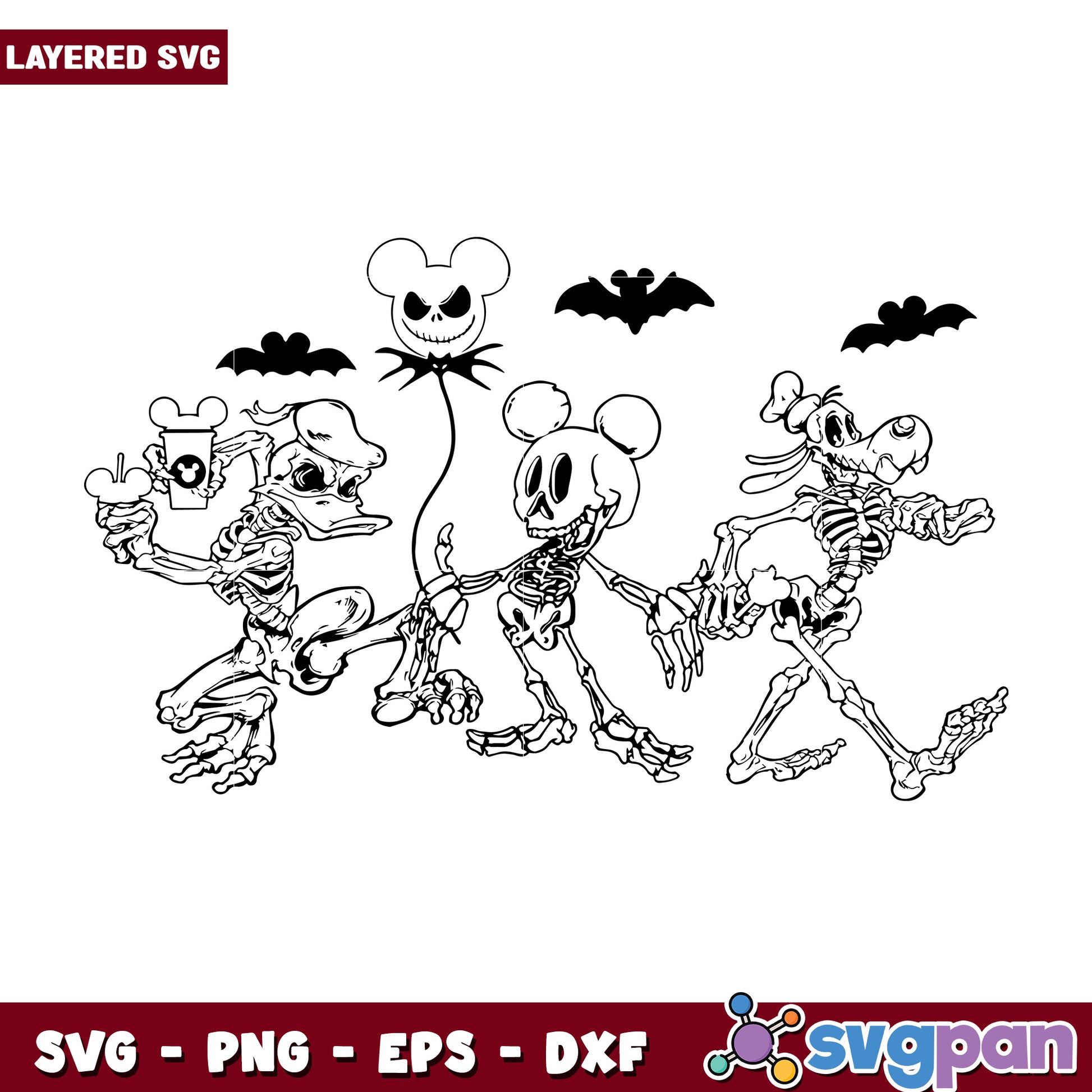 Disney mickey skeleton svg, halloween killers nights​ svg, spookycharacters svg