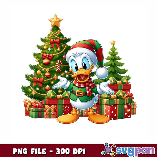 Donald christmas png, christmas gifts png, cute donald png