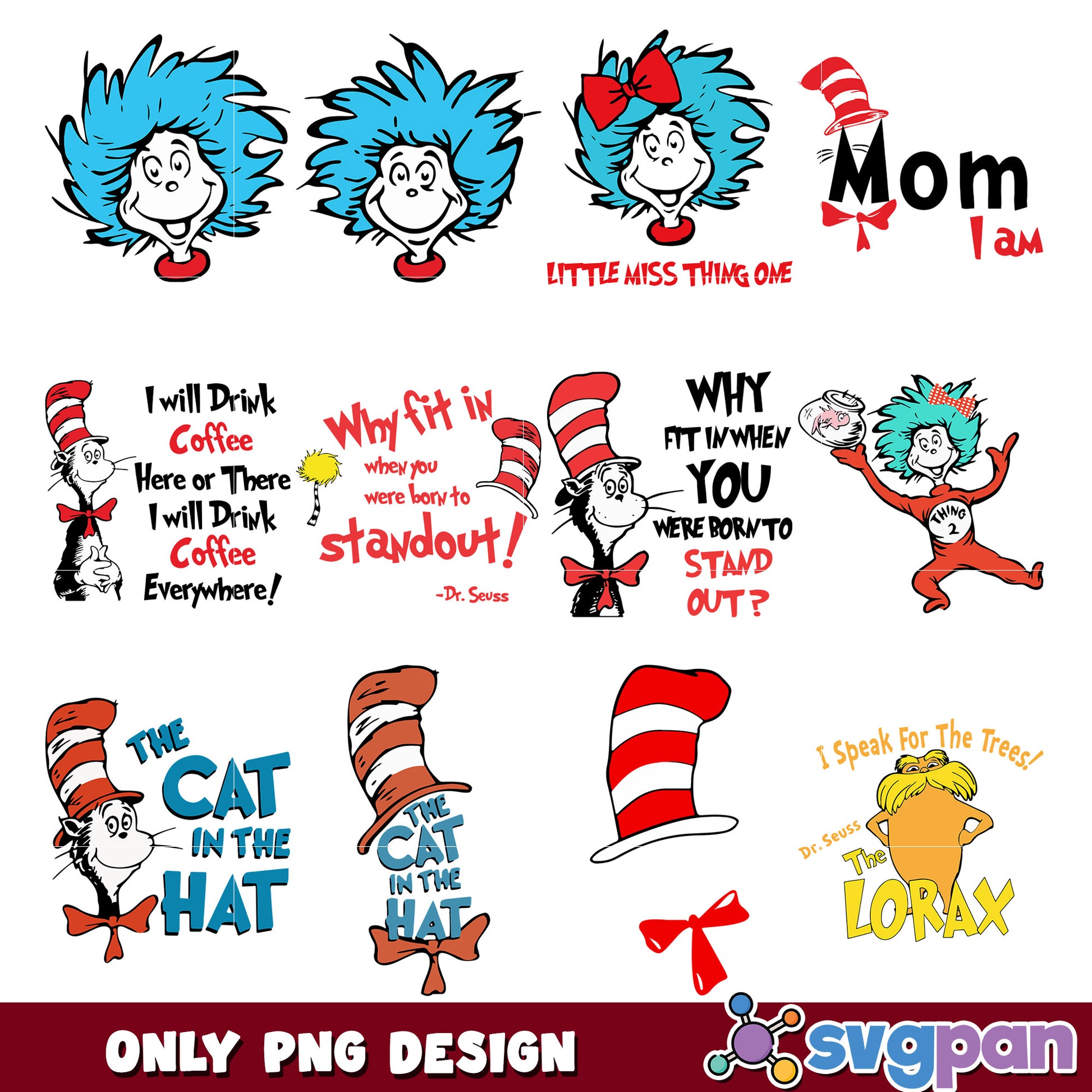Dr Seuss PNG Bundle Cat in the Hat, Thing 1 & 2