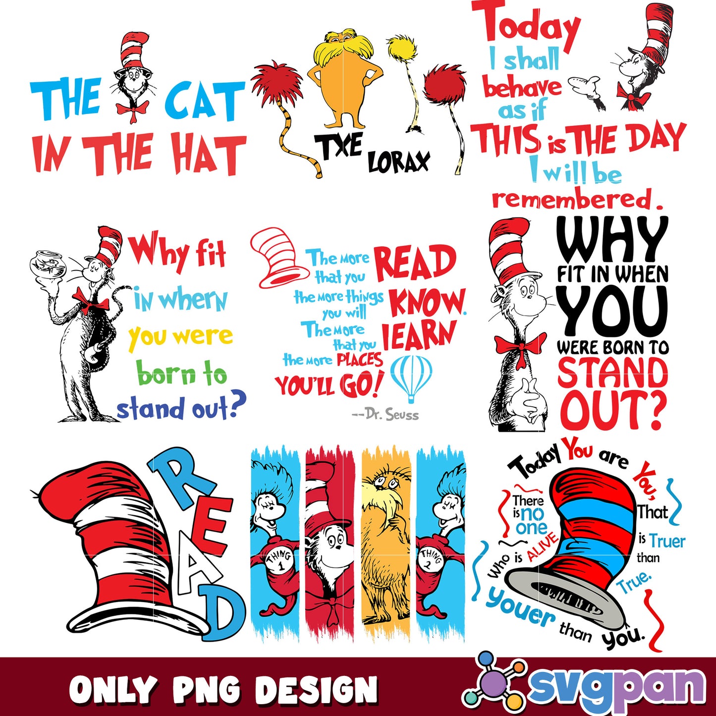 Dr Seuss PNG Bundle Quotes Sublimation
