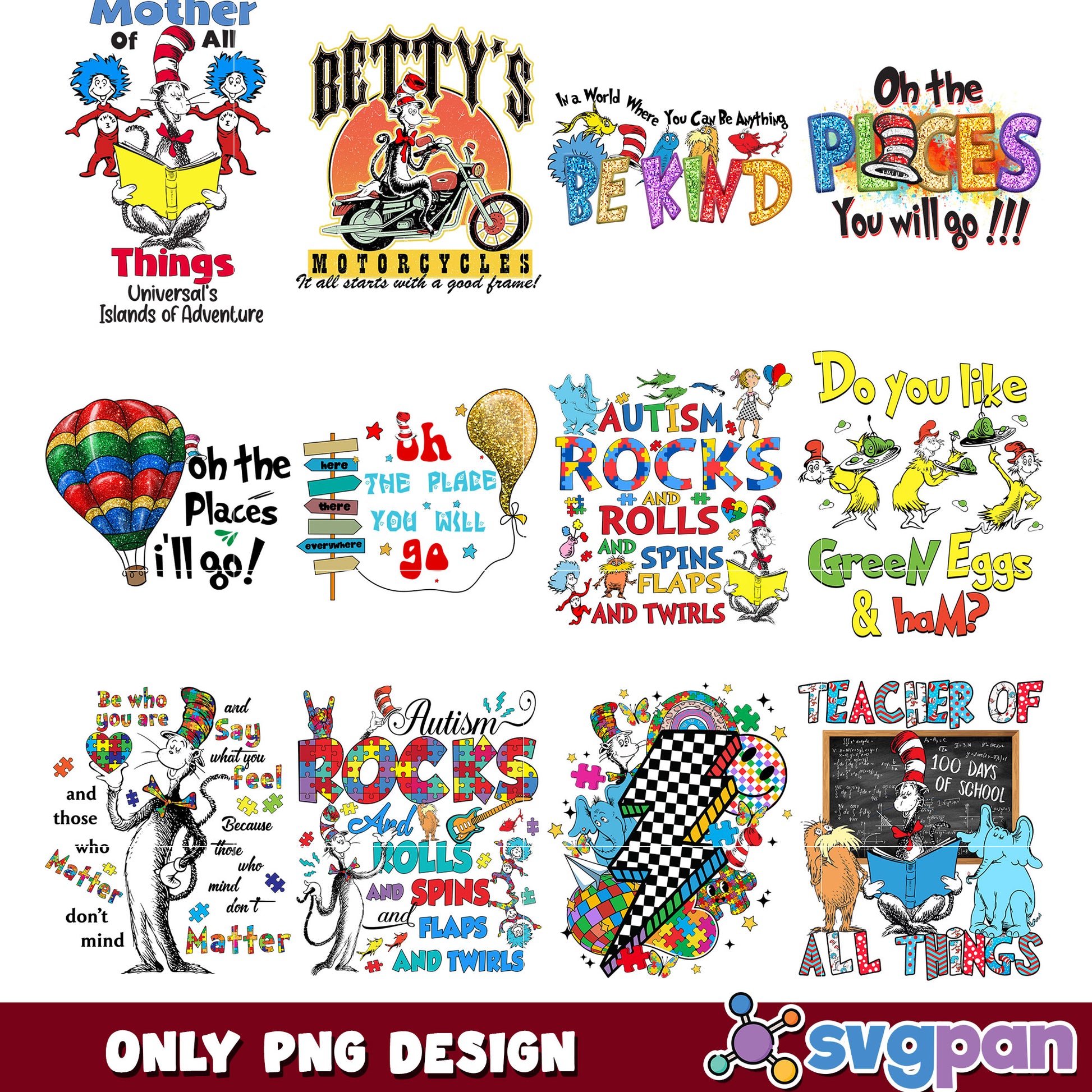 Dr Seuss PNG Bundle Quotes, Autism, & More