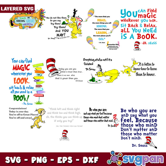 Dr Seuss Quotes SVG Bundle Layered PNG, EPS, DXF