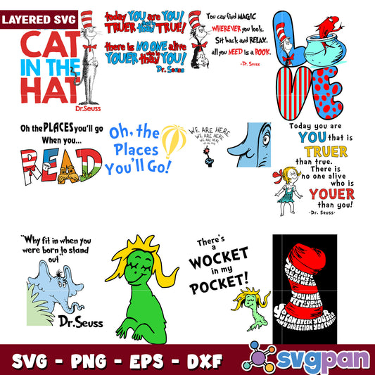 Dr Seuss SVG Bundle Fun Quotes and Cat in the Hat Designs