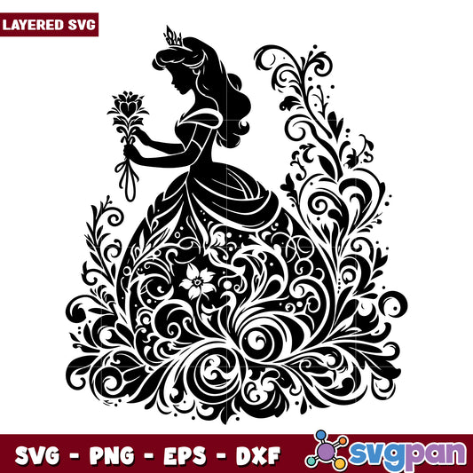 Elegant Princess Silhouette Floral Design SVG Art File