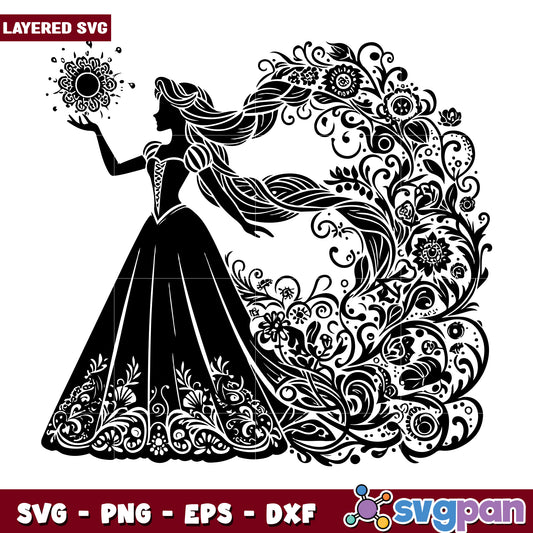 Elegant Princess Silhouette Floral SVG Design File Download