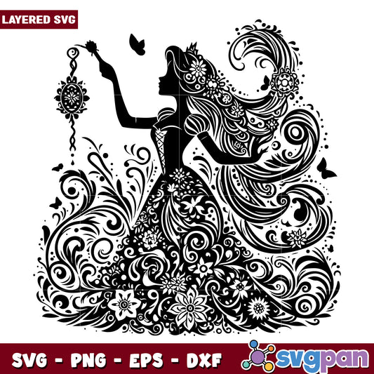 Elegant Princess Silhouette Floral SVG Design for Crafts