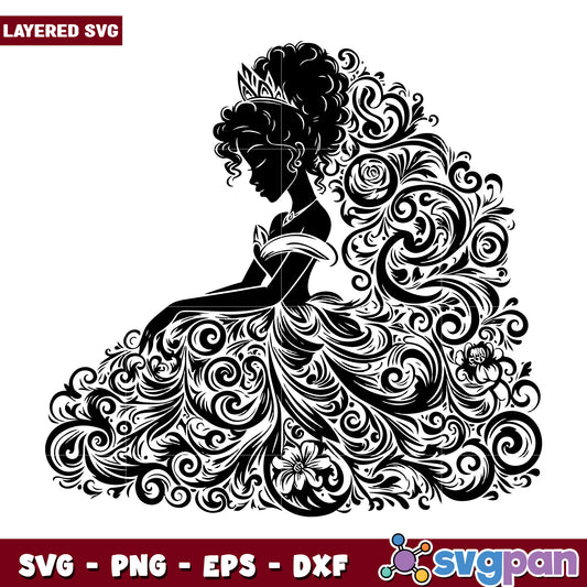 Elegant Princess Silhouette SVG Design with Floral Patterns
