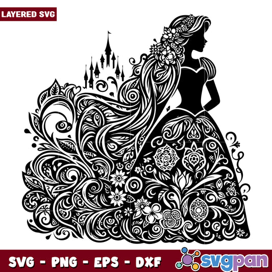 Elegant Princess Silhouette in Floral SVG Art Design