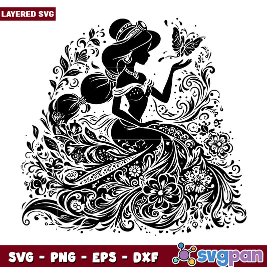 Elegant Princess Silhouette with Floral Butterfly SVG Art