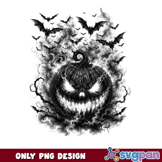 Evil Pumpkin Smoke Bats Halloween PNG, Scary Jack O Lantern PNG, Spooky PNG