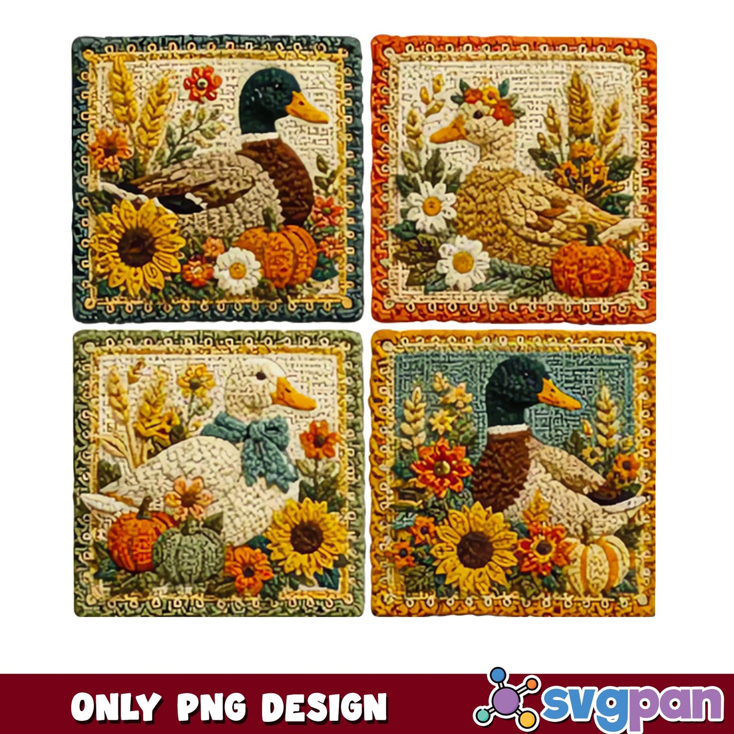 Fall Duck Embroidery PNG Bundle, Autumn Pumpkin Duck PNG, Sunflower Duck PNG