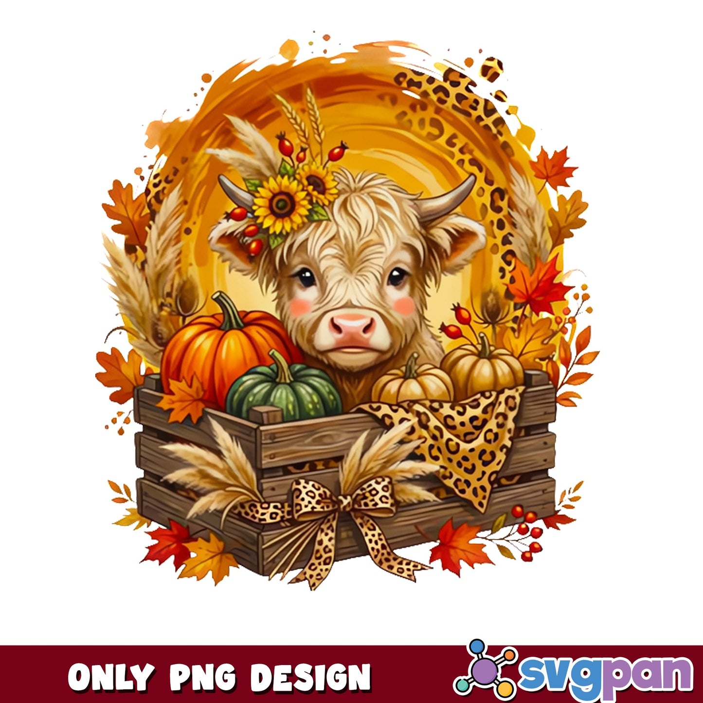 Fall Highland Cow PNG, Autumn Pumpkin Leopard PNG, Thanksgiving PNG