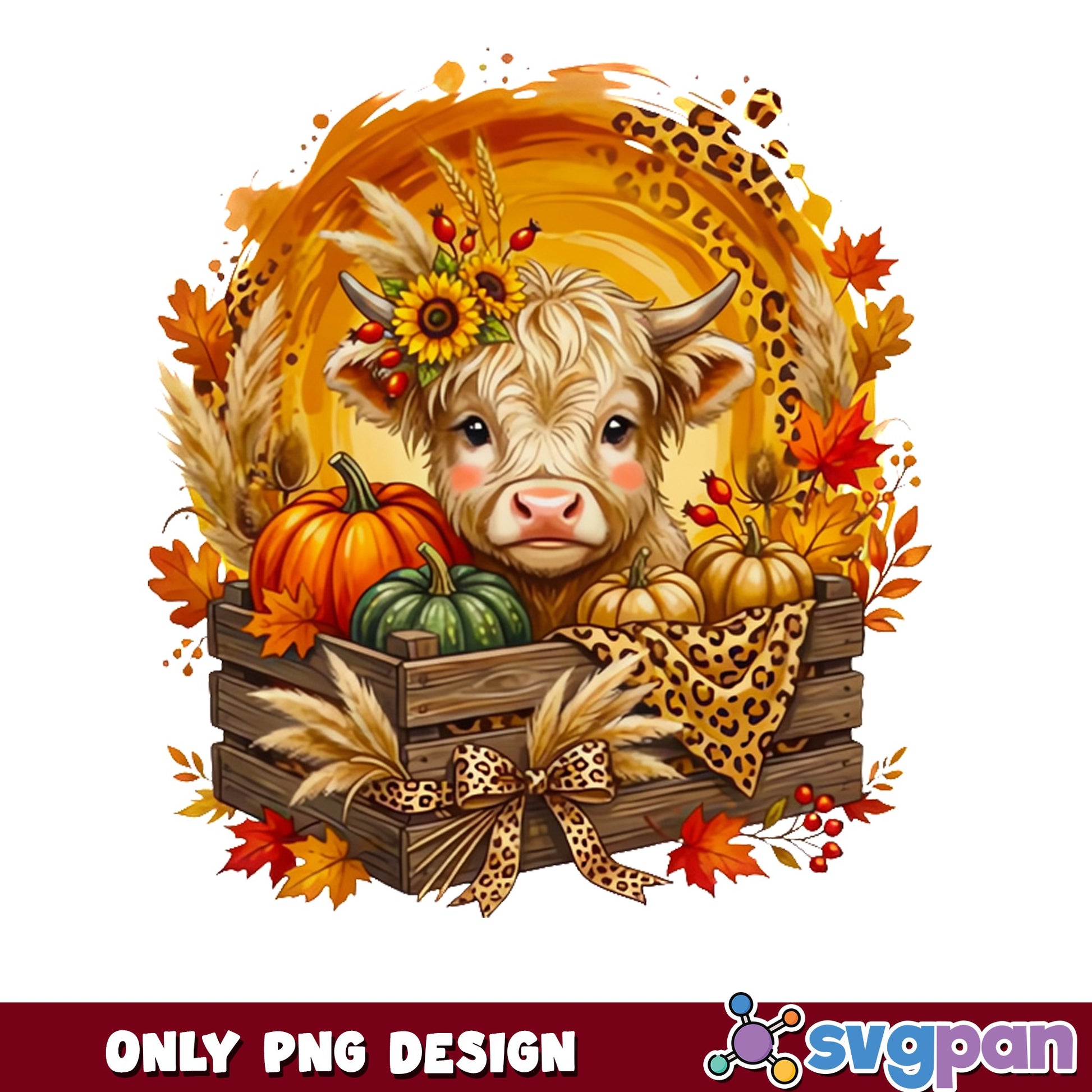 Fall Highland Cow PNG, Autumn Pumpkin Leopard PNG, Thanksgiving PNG